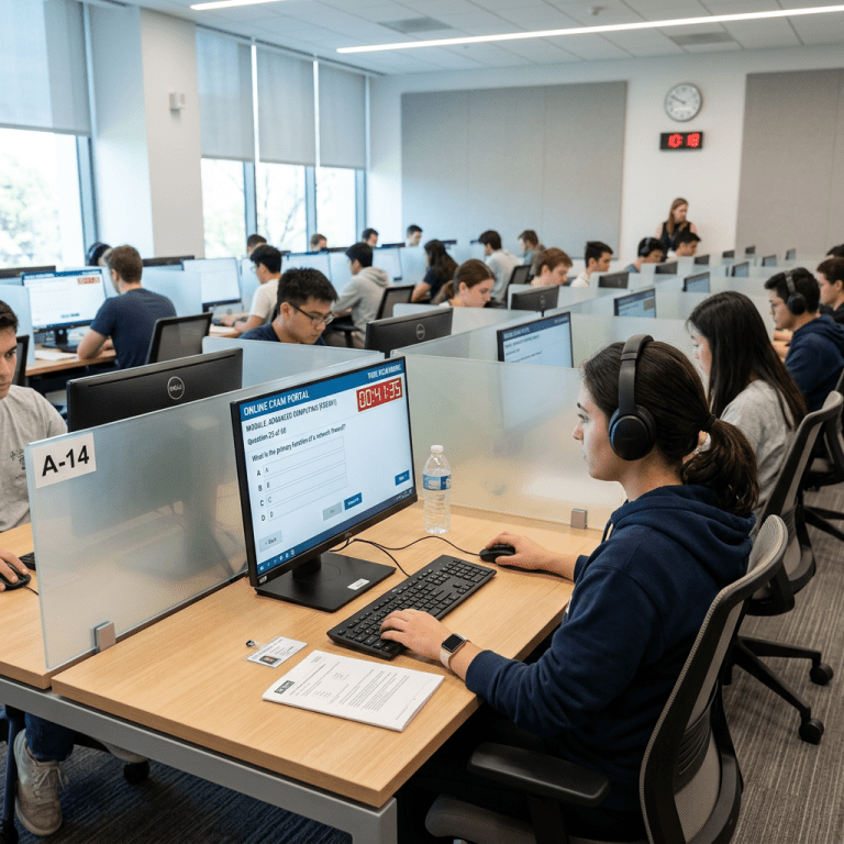 Students seated at individual computer stations in a lab taking an online exam with headphones